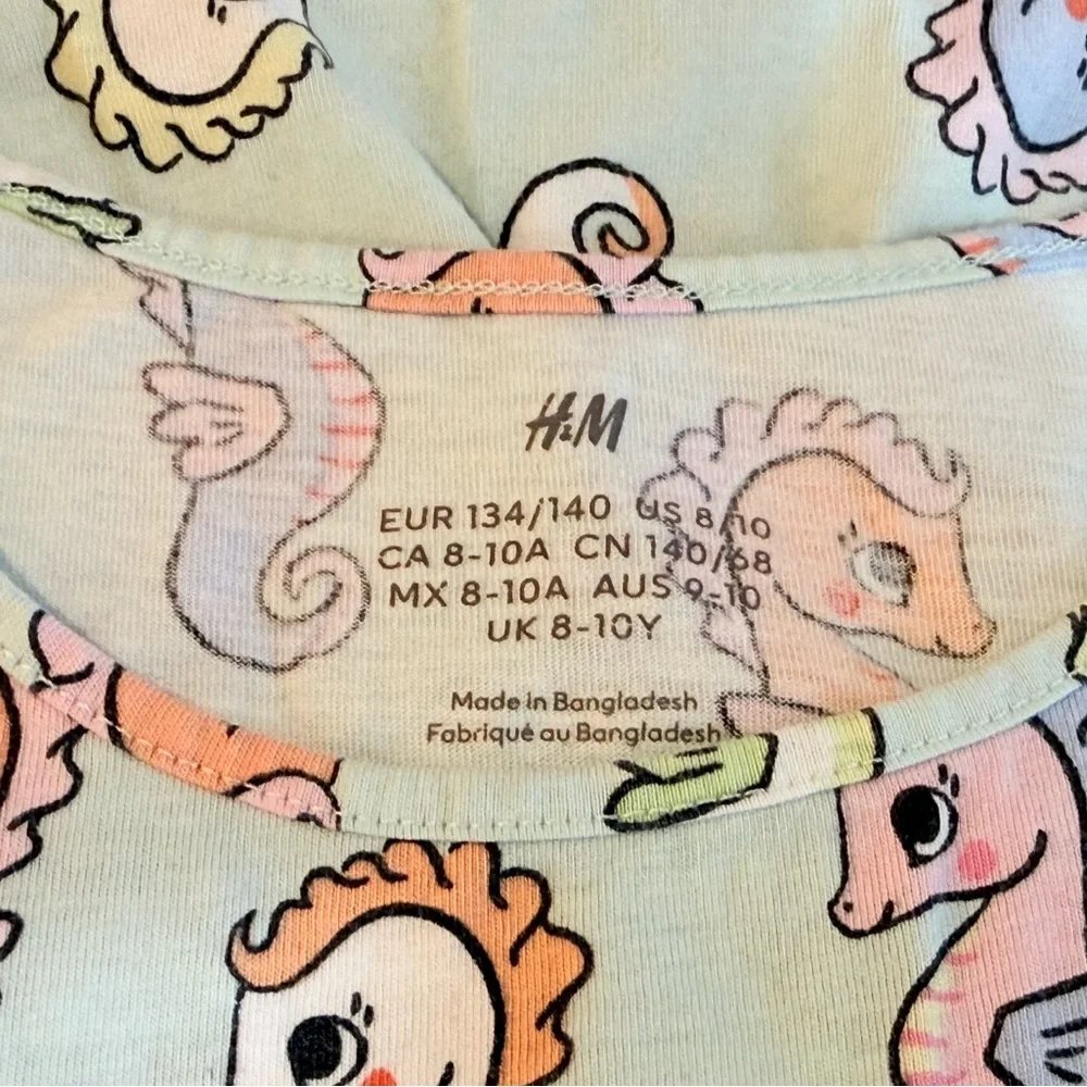 H&M Girls Seahorse Print Dress Mint Green Sleeveless Size 8-10 Cotton Cute